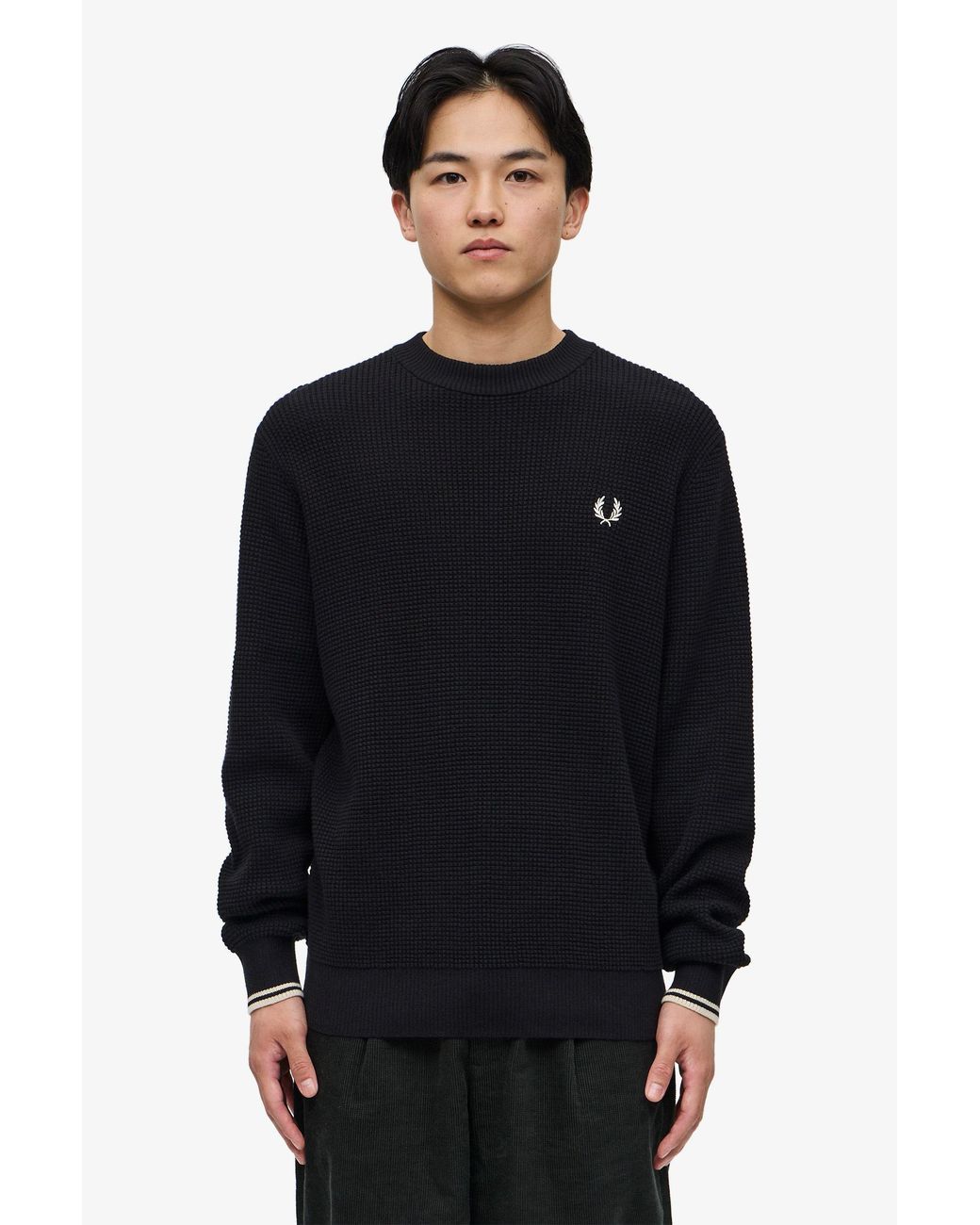 Fred Perry Black Waffle-Knit Crewneck Jumper for men