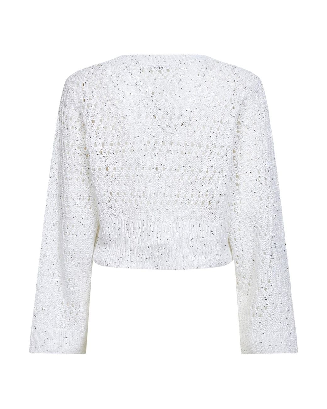 Brunello Cucinelli White Openwork V-Neck Knitted Sweater