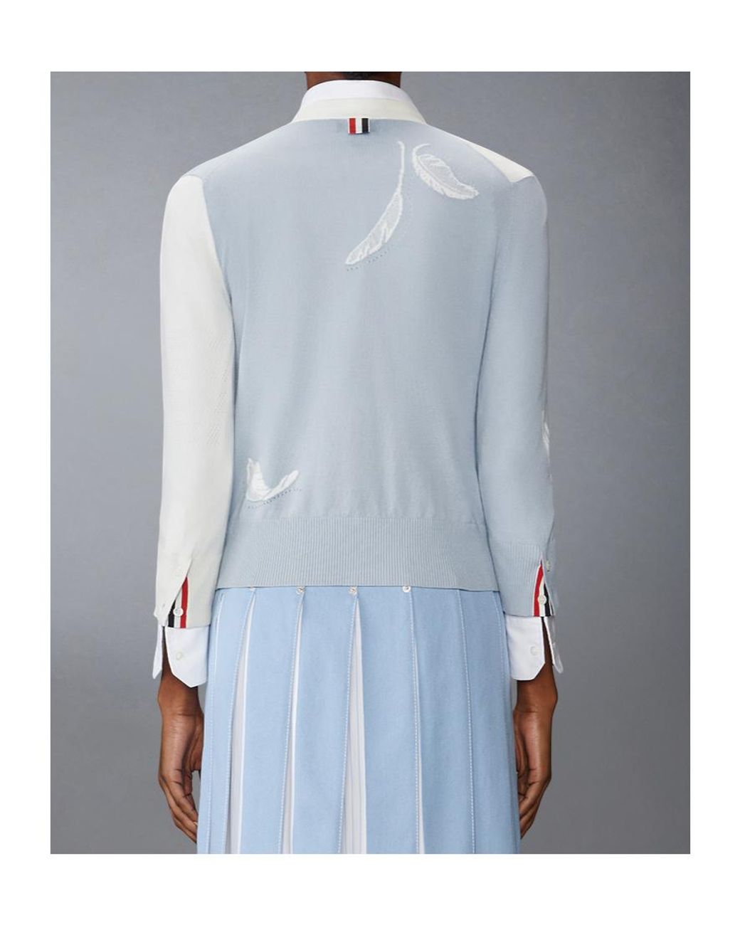 Thom Browne Blue Funmix Feather Intarsia Pointelle Relaxed Fit V-Neck Cardigan