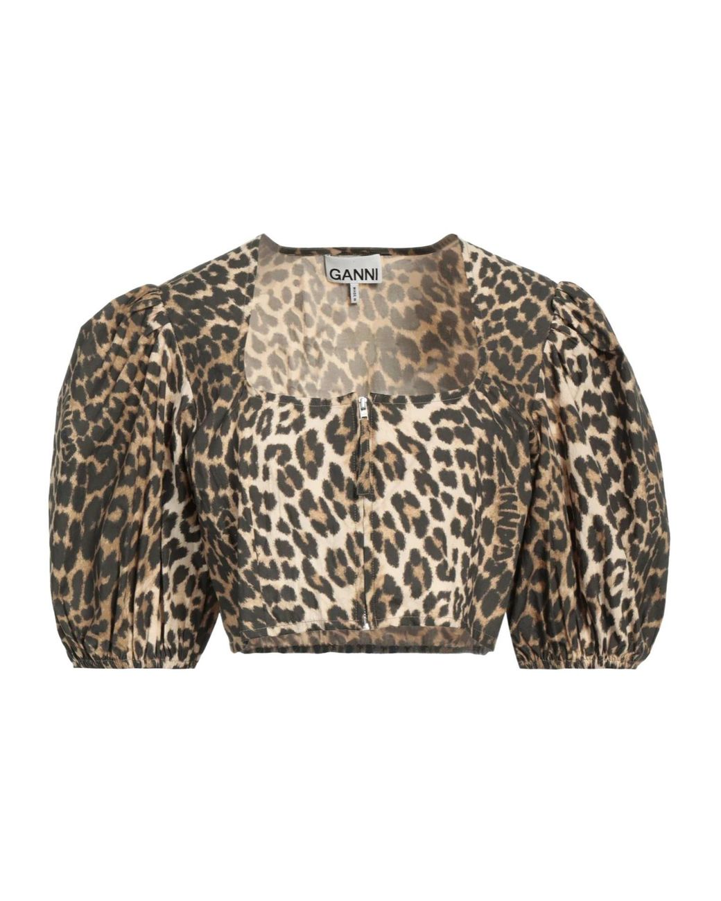 Ganni Brown Leopard Print Square Neck Short Sleeve Top