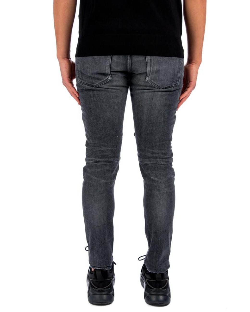 Balmain Gray Slim-Cut Ripped Cotton Jeans With Synthetic Leather Panels for men