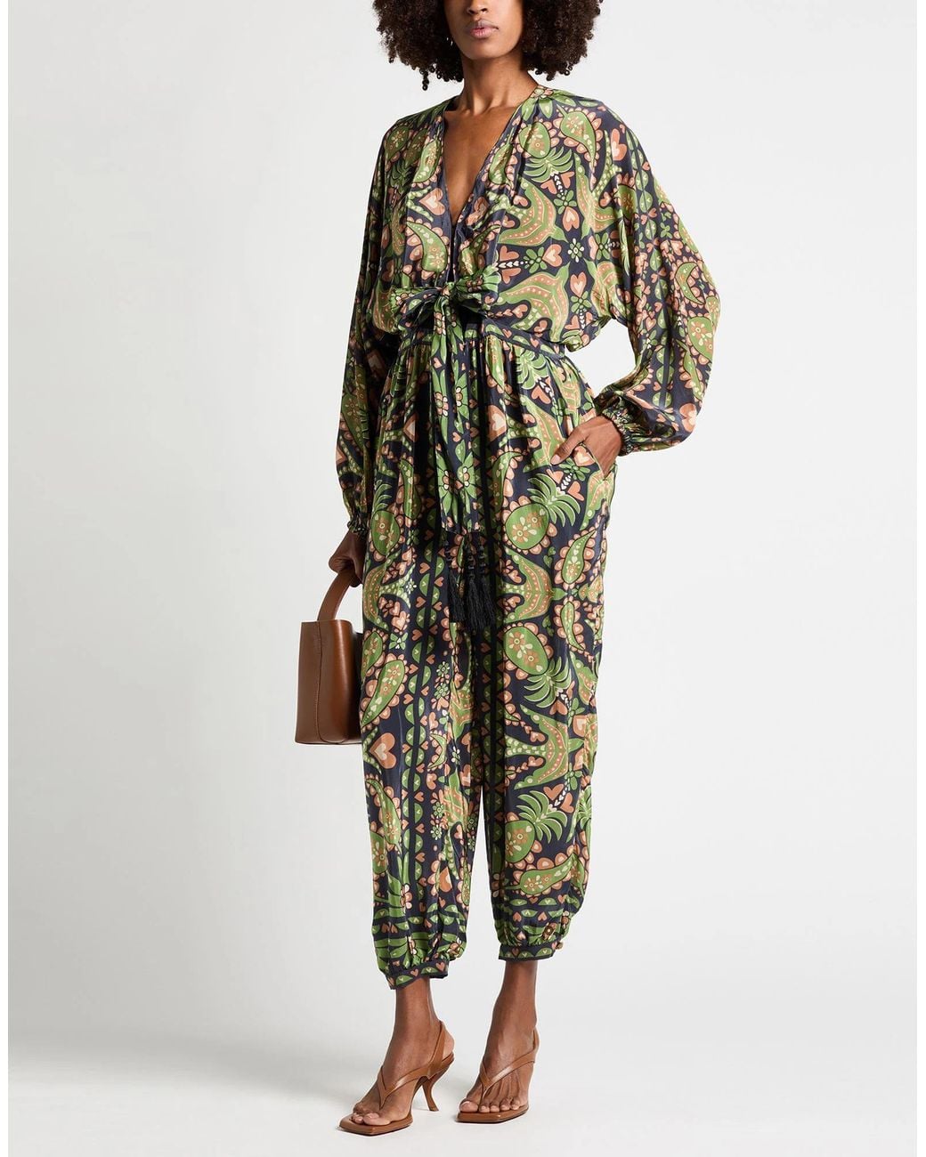 Farm Rio Green Satin V-Neck Long Sleeve Top
