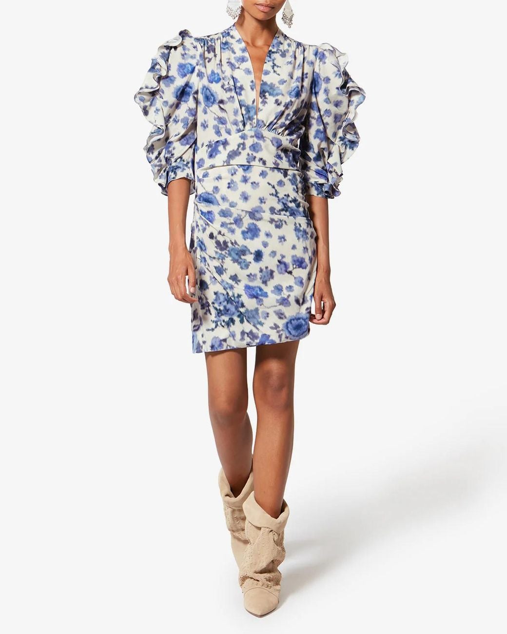 Isabel Marant Blue V-Neck Ruffled Mini Dress