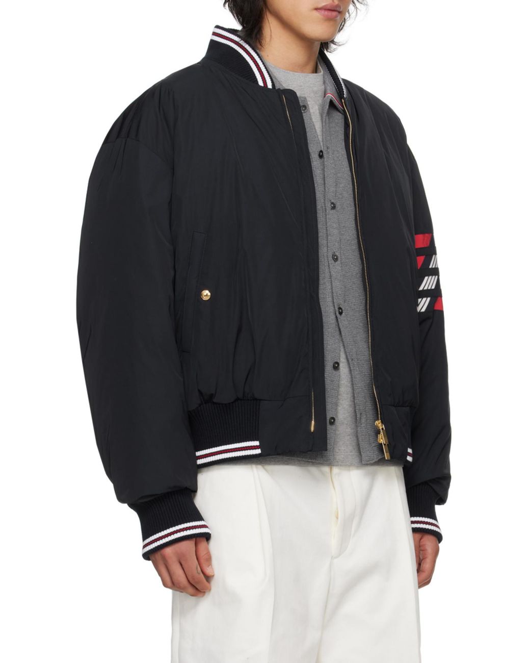 Thom Browne Blue 4-Bar Striped Zipped Puffer Bomber Jacket for men