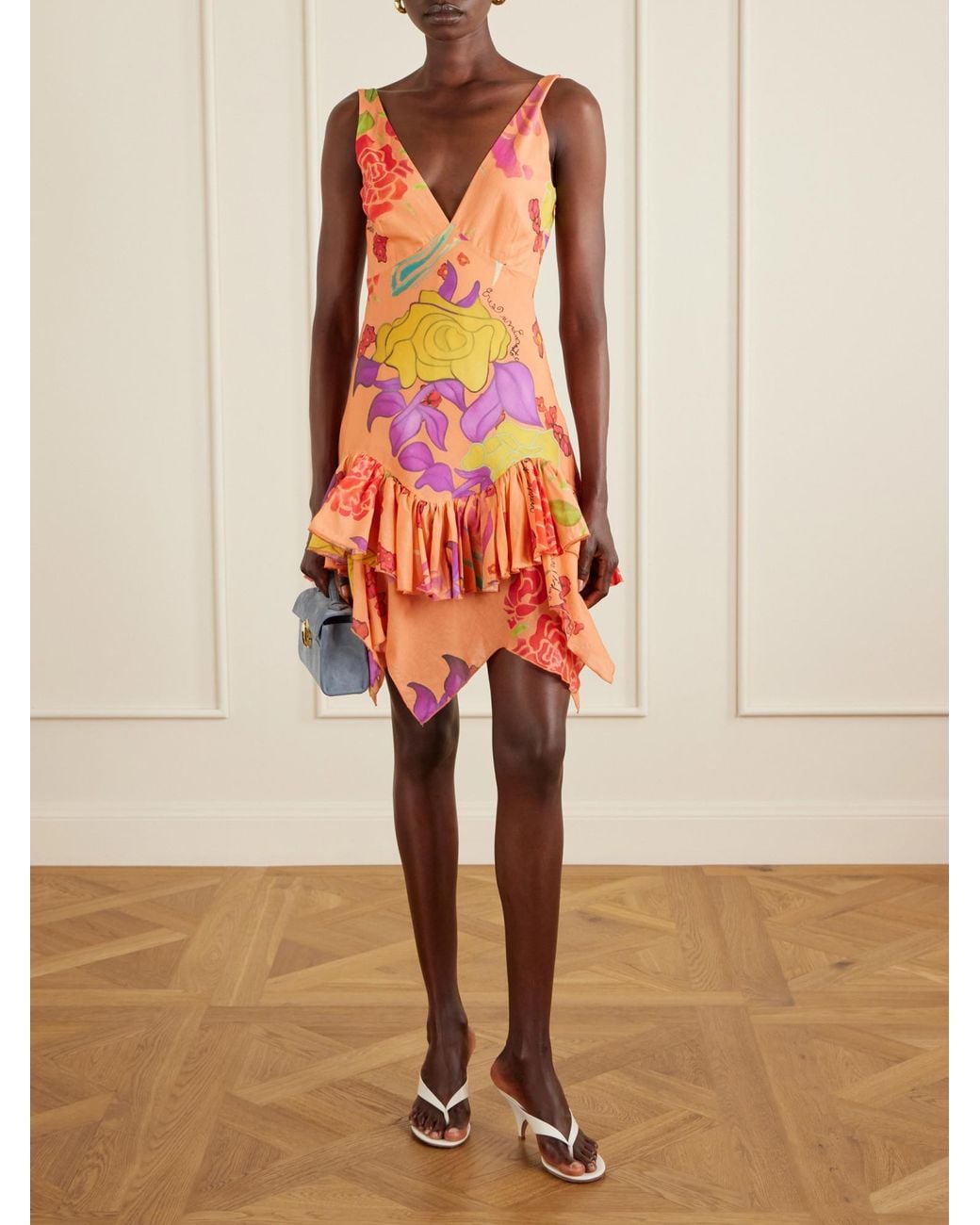 Donde Esteban Orange Guava Flores Ruffled Printed Cotton-Voile Mini Dress