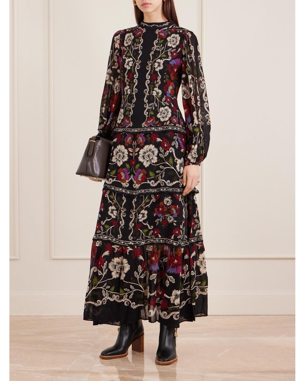 Farm Rio Black Floral-Print Chiffon Maxi Dress