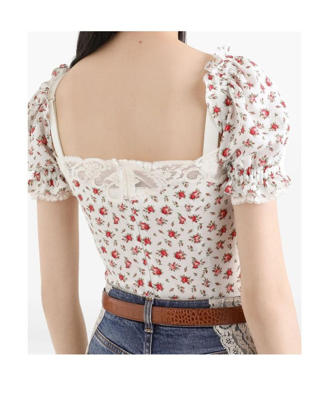 Dolce & Gabbana White Small Rose-Printed Charmeuse Top