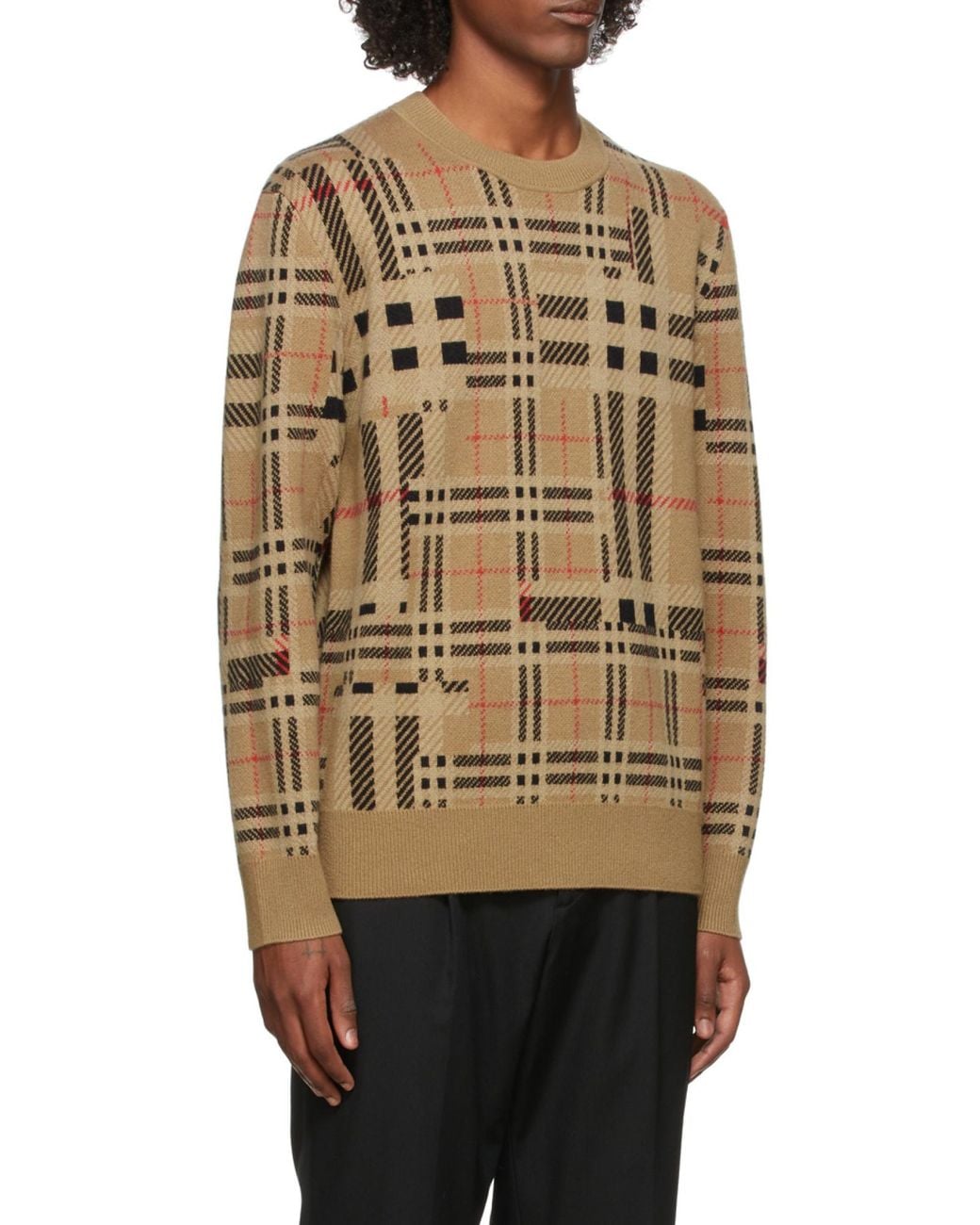 Burberry Brown Contrast Check Cashmere Jacquard Jumper for men