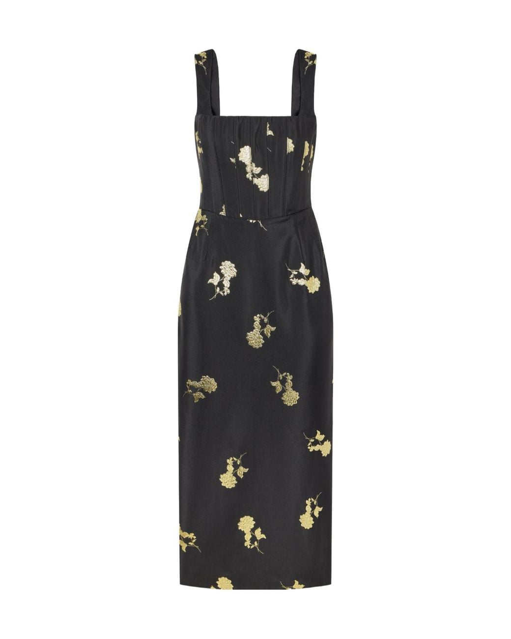 Rebecca Vallance Black Floral-Embroidered Bustier Midi Dress