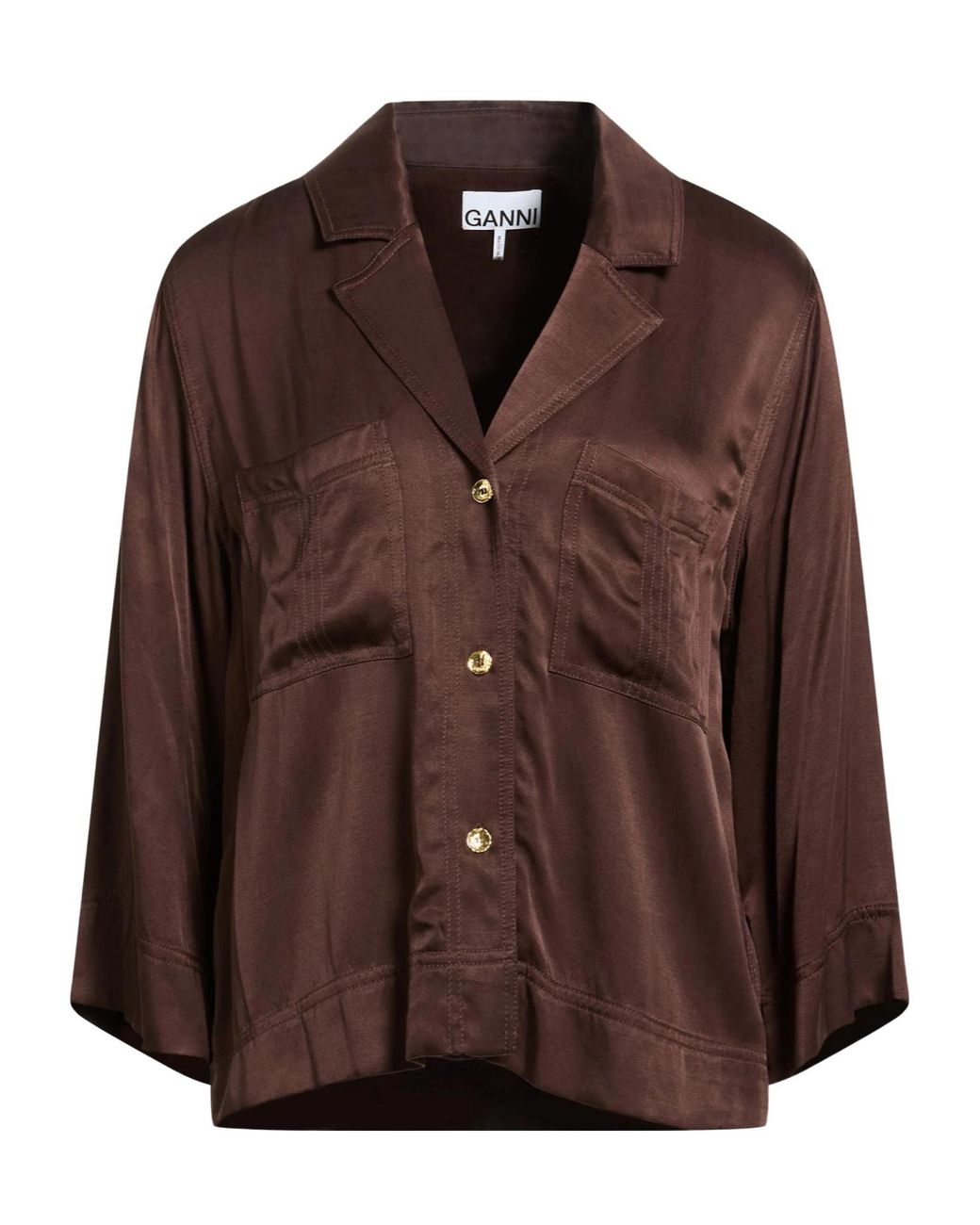 Ganni Brown Satin Solid-Color Shirt