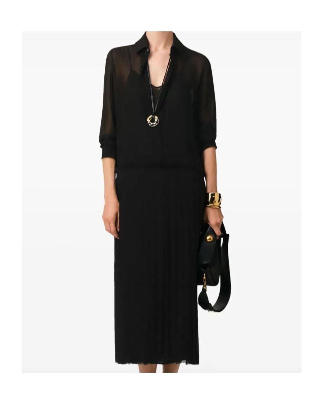 AMI Black Long-Sleeved Pleated Midi Dress