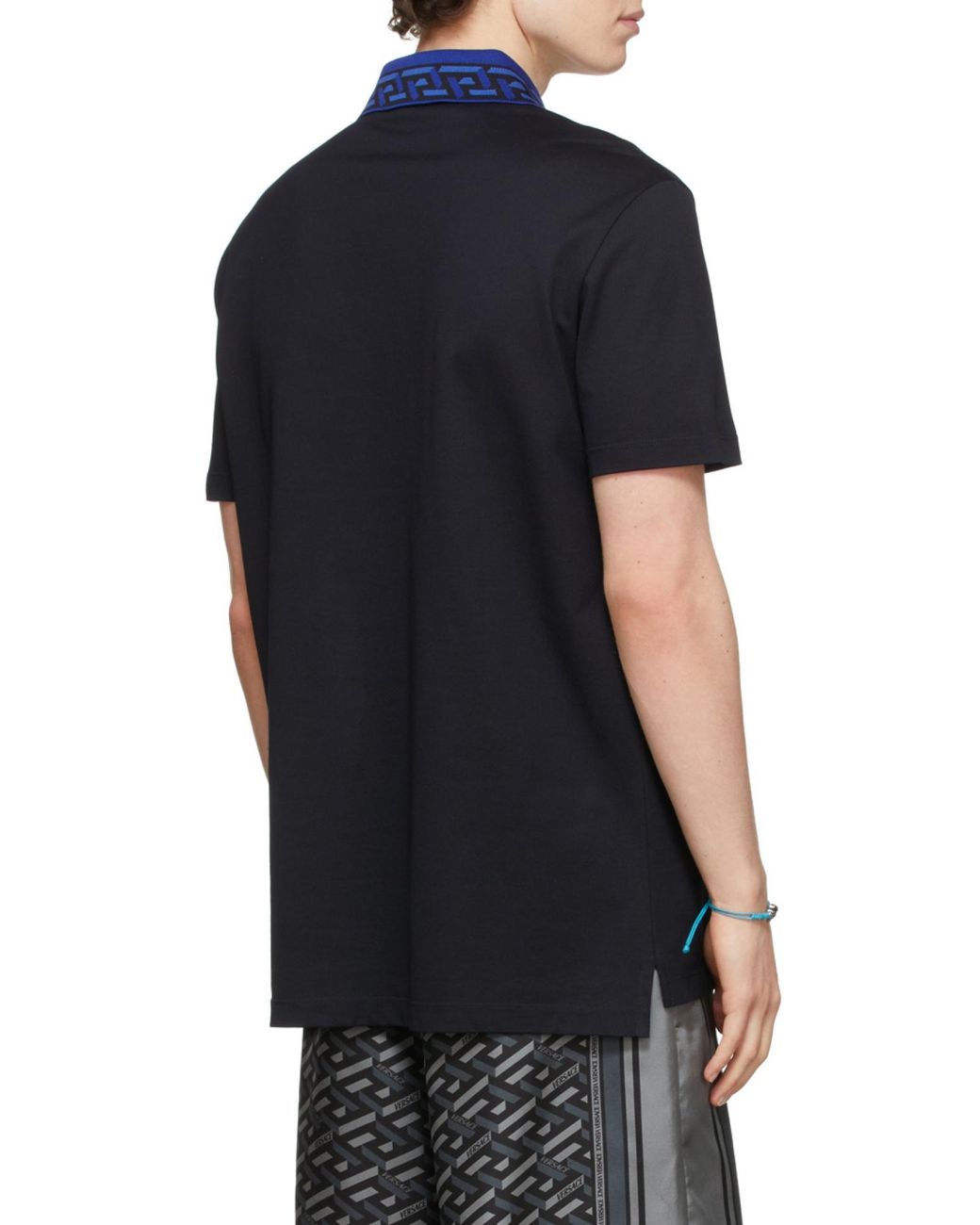 Versace Black Intarsia Logo Short-Sleeved Polo Shirt for men