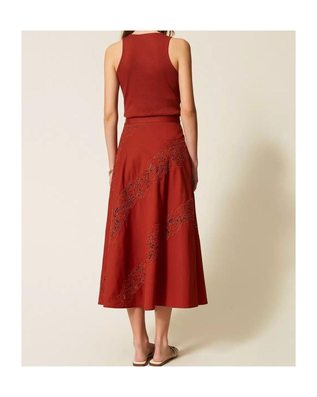 Twinset Red Long Poplin And Broderie Anglaise Skirt