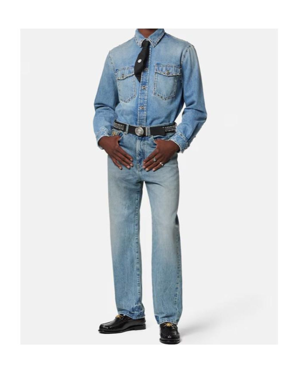 Versace Blue Logo-Patch Pencil Jeans for men