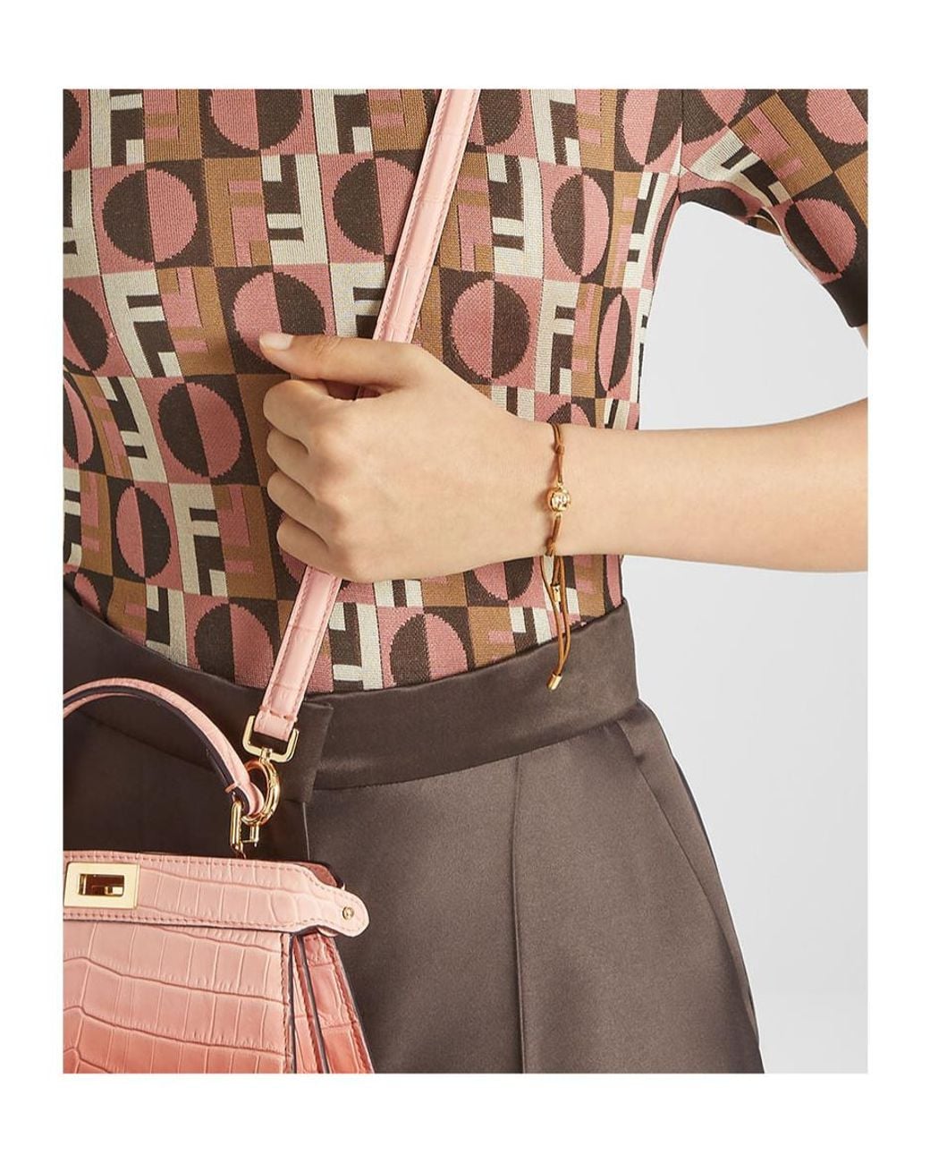 Fendi Brown Sphera Embellisshed Bracelet