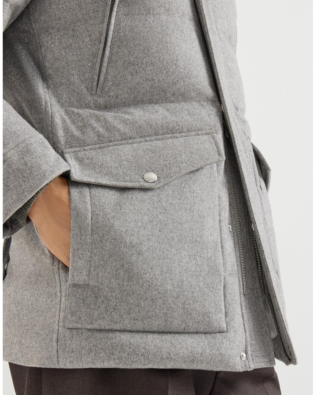 Brunello Cucinelli Gray Hooded Padded Coat for men