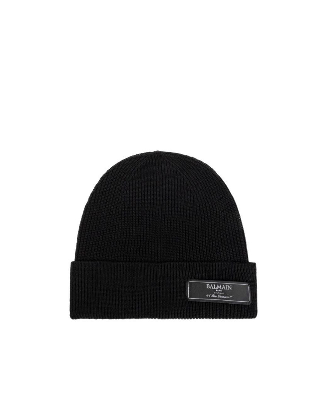 Balmain Black Logo-Patch Ribbed Beanie Hat for men