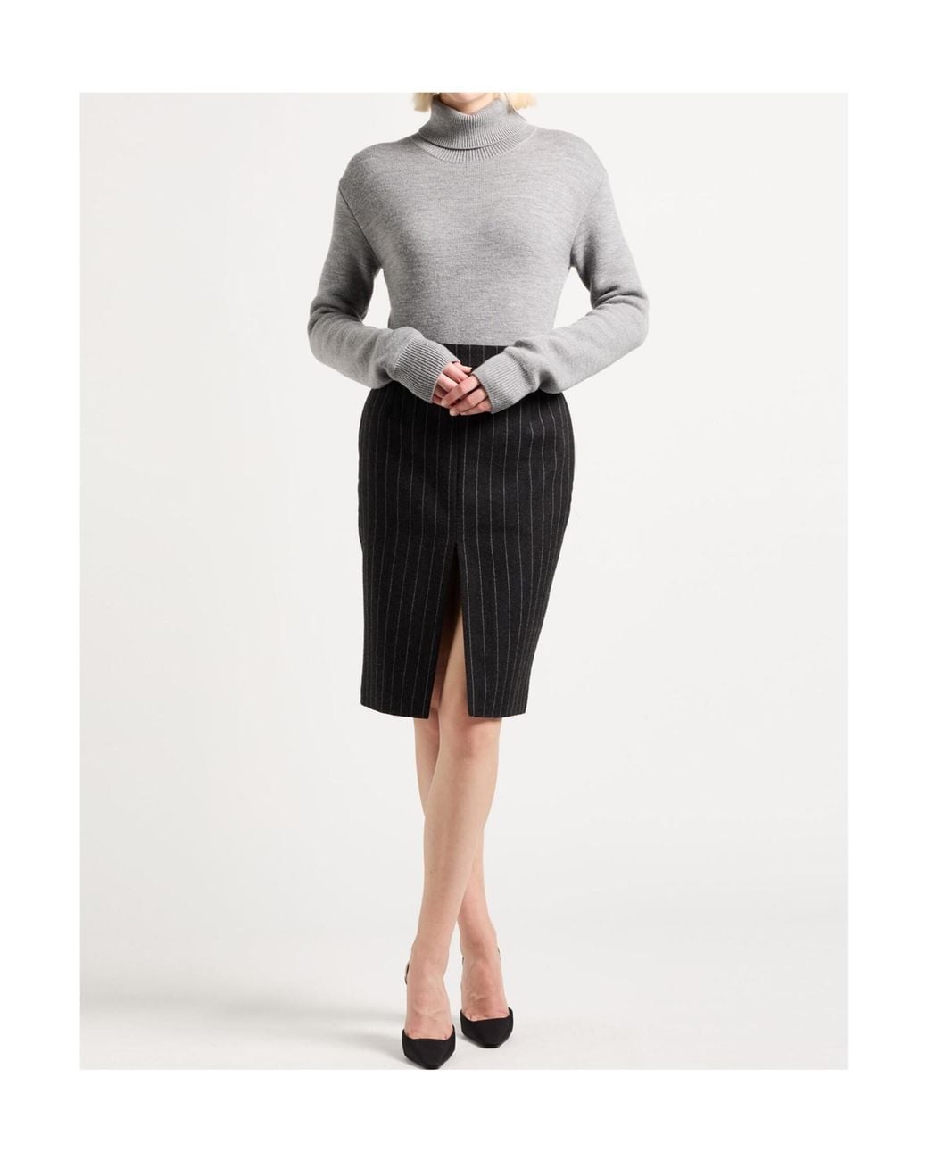Saint Laurent Black Striped Wool Midi Skirt