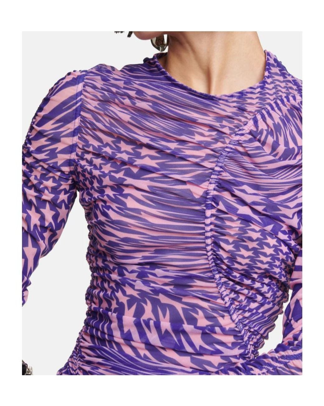 Mugler Purple Pleated Mesh Printed Dress