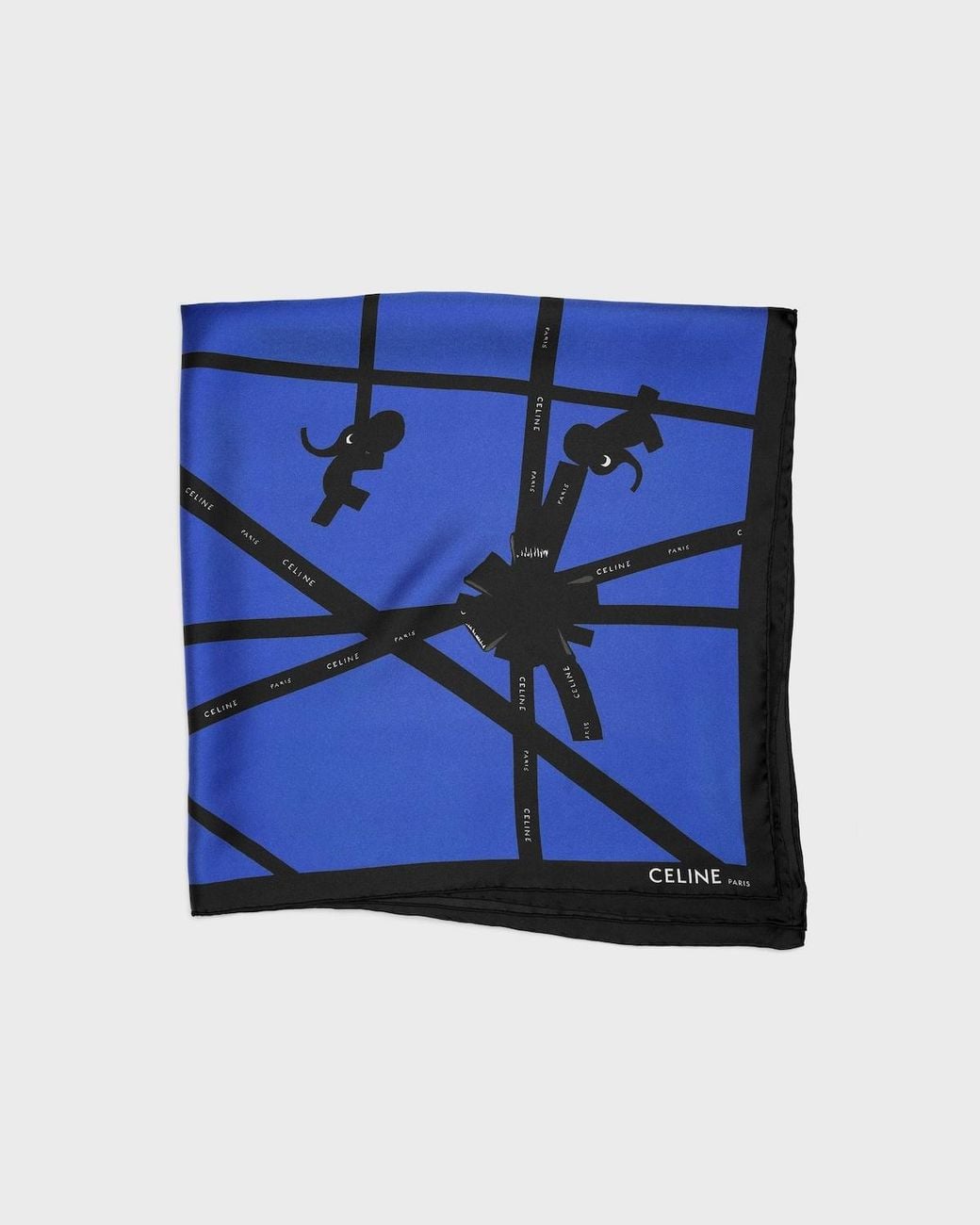 Céline Blue Silk Scarf Featuring A Climbing Elephant Pattern