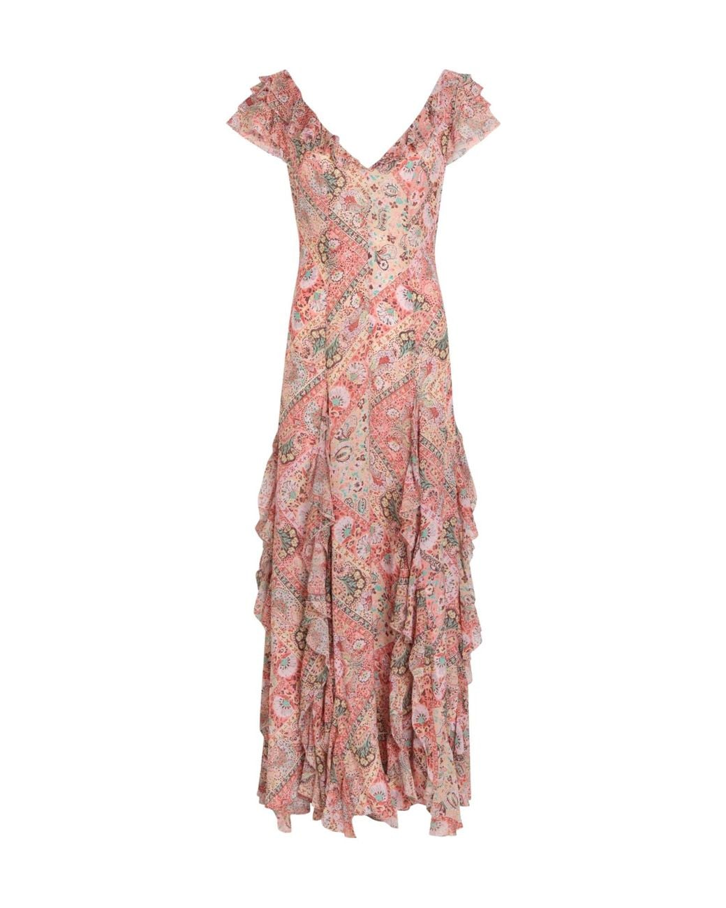 Rixo Pink Printed V-Neck Chiffon Dress