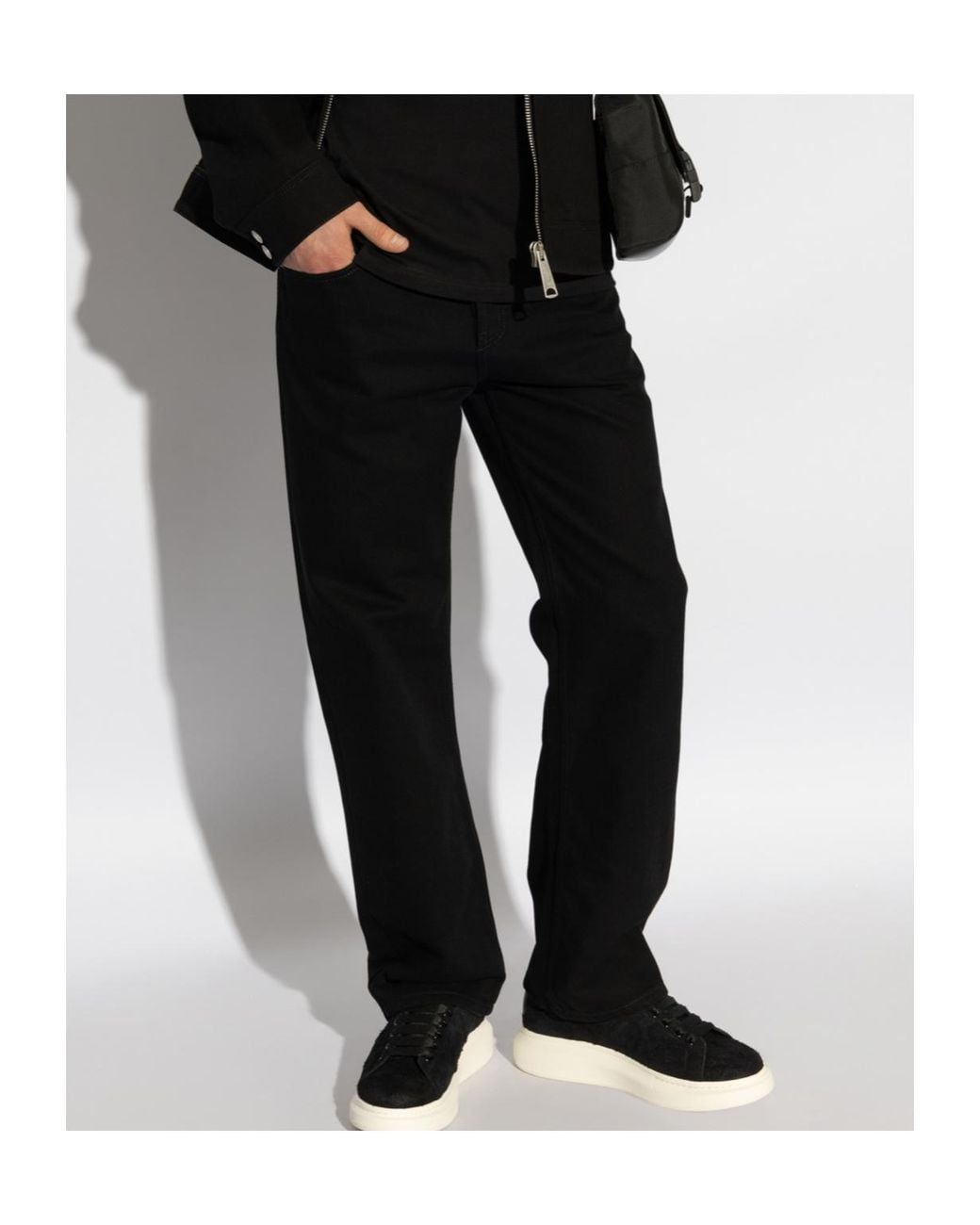 McQueen Black Skull Detailed Straight-Leg Jeans for men