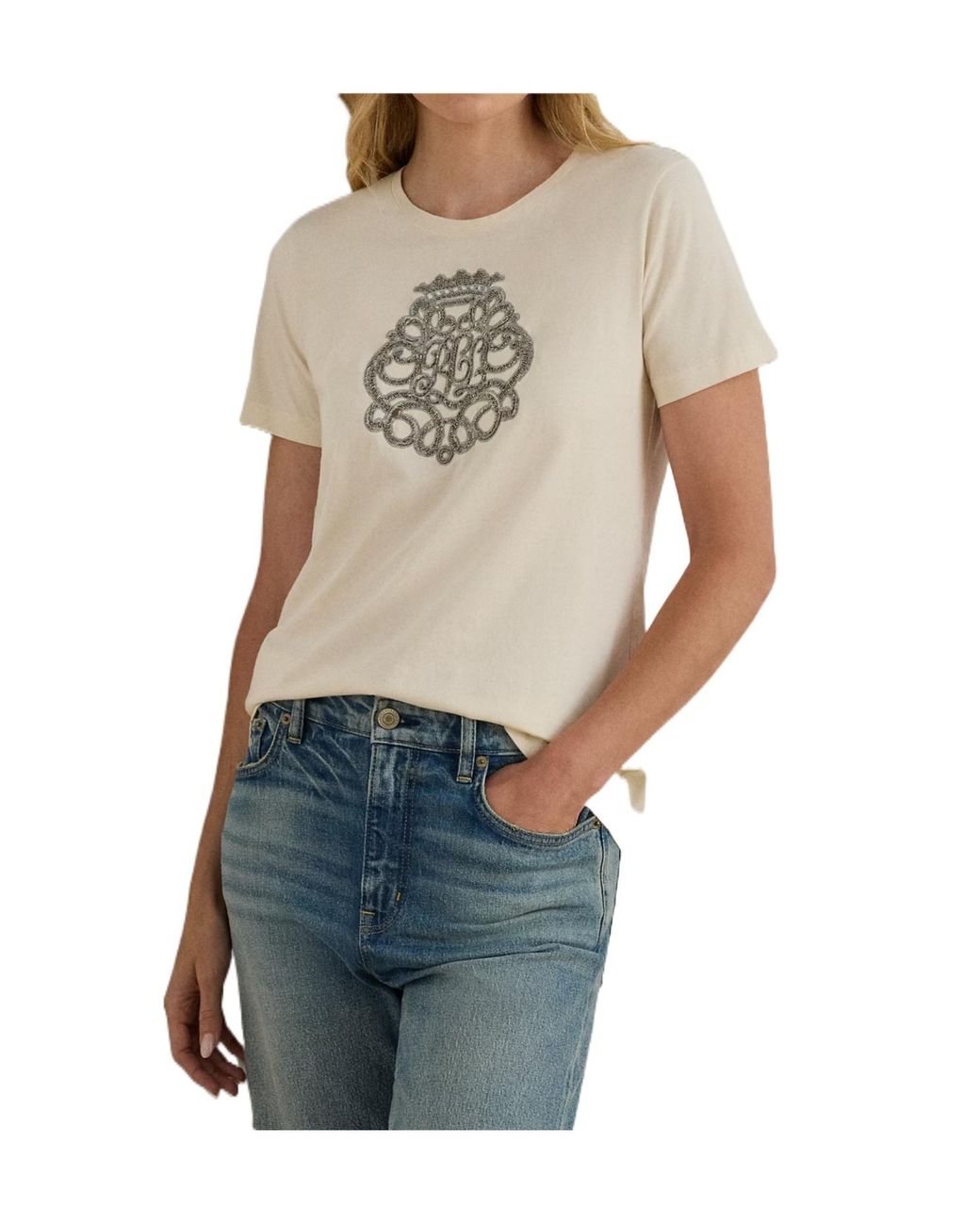 Ralph Lauren Blue Beaded Crest-Patch T-Shirt