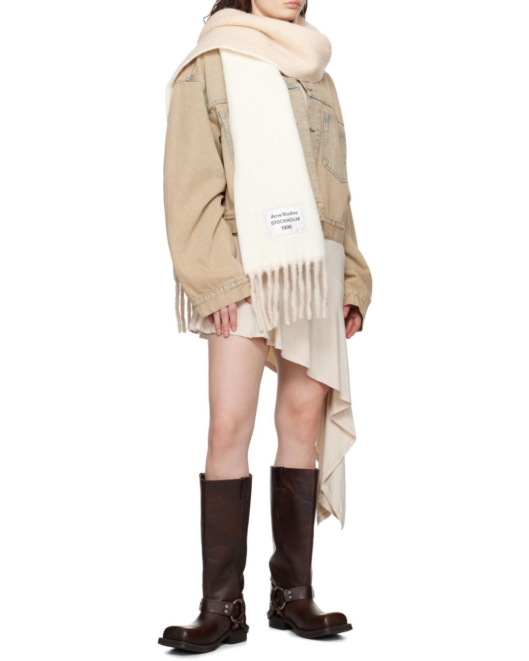 Acne White Logo Patch Fringed Scarf