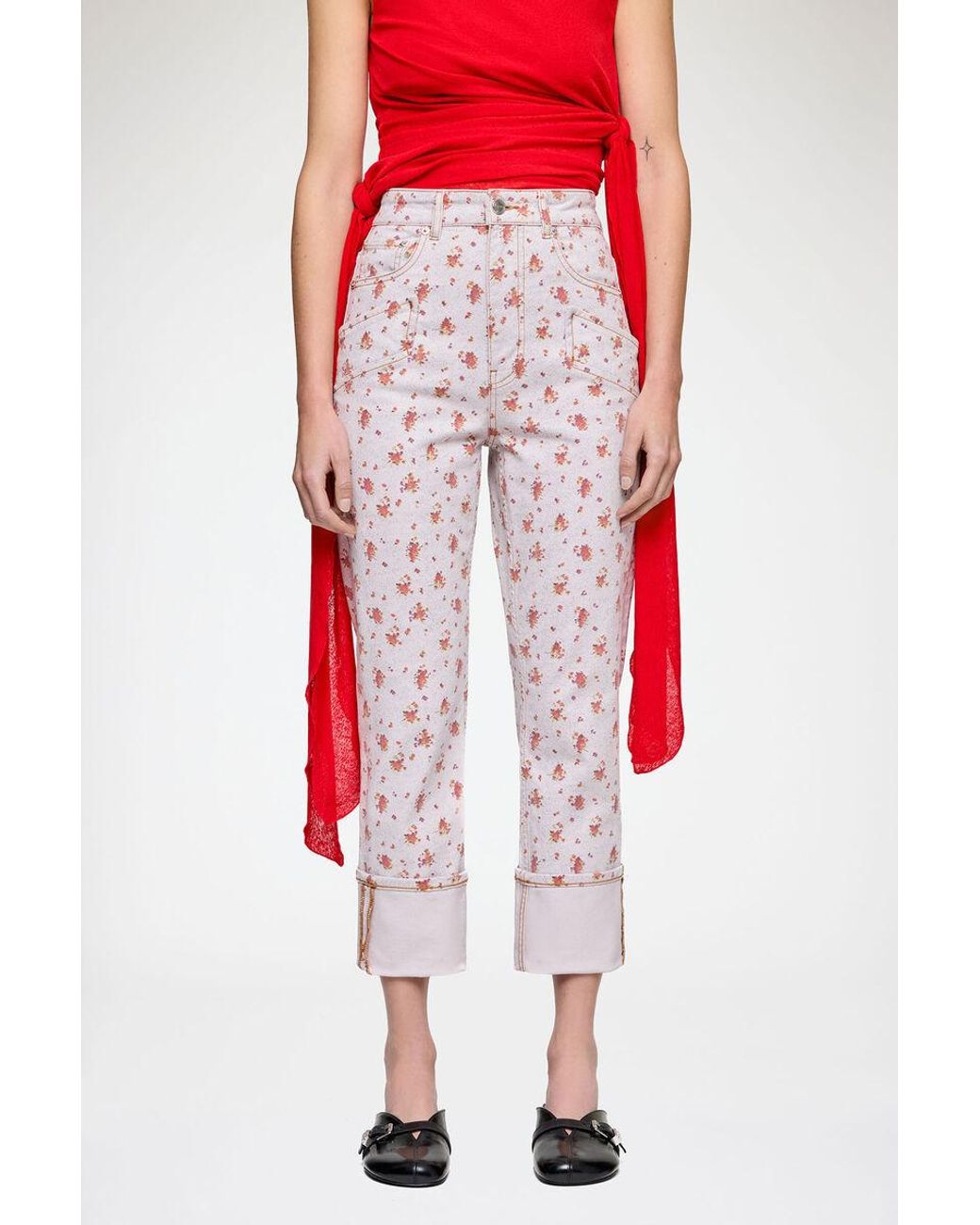 Ganni White Floral Turn-Up Capri Jeans