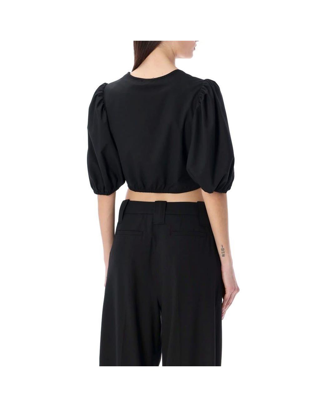 Ganni Black Puff Sleeved Cropped Top