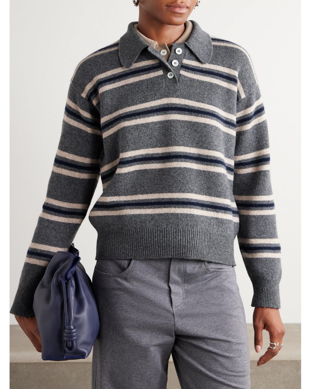 &Daughter Gray Edith Striped Wool Polo Sweater
