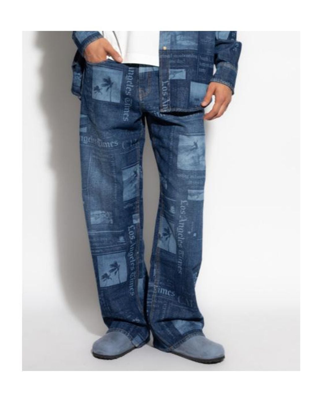 Palm Angels Blue Patterned Wide Leg Jeans for men