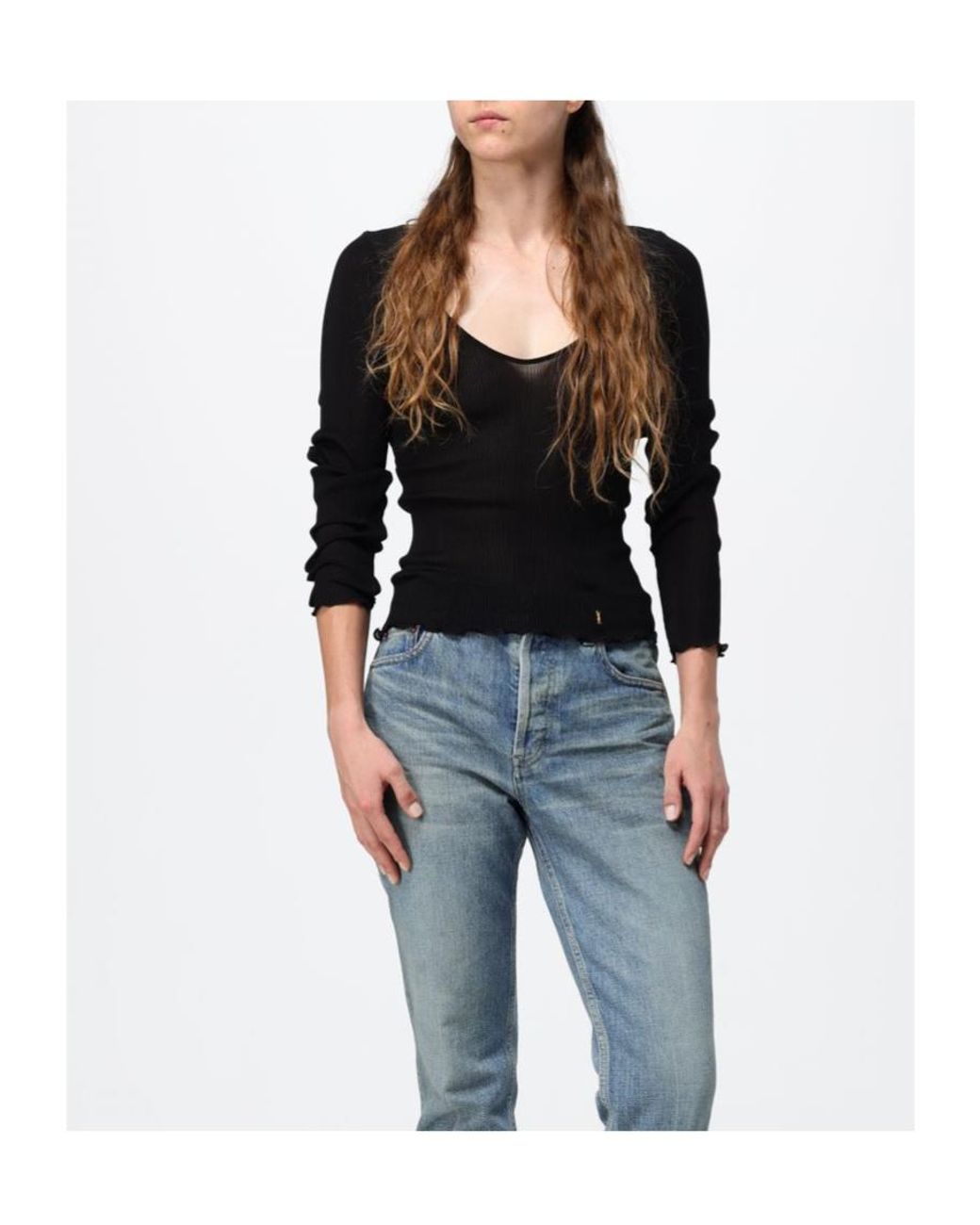 Saint Laurent Black Cassandre V-Neck Ribbed Top