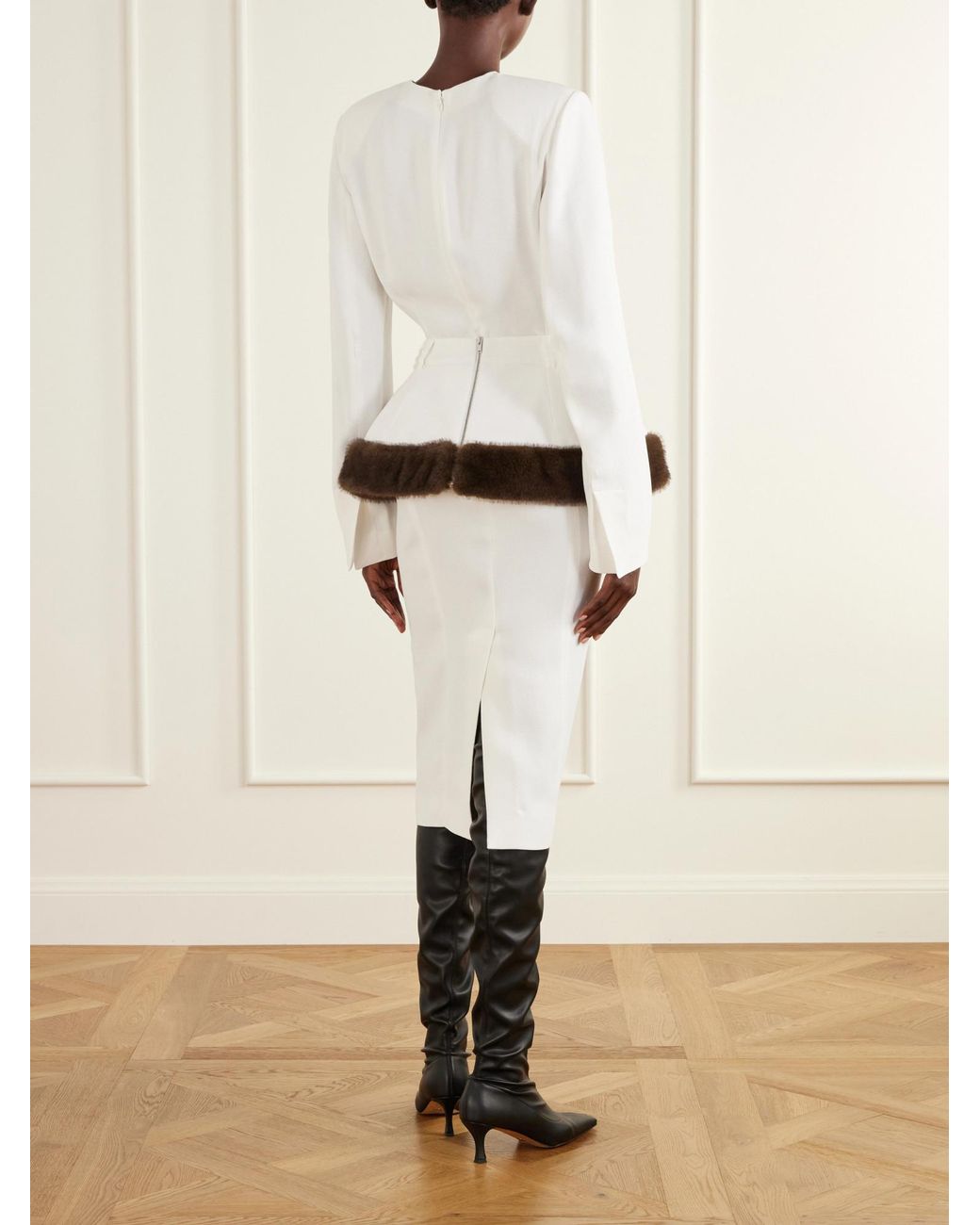 Stella McCartney White Faux-Fur Trim Peplum Midi Dress