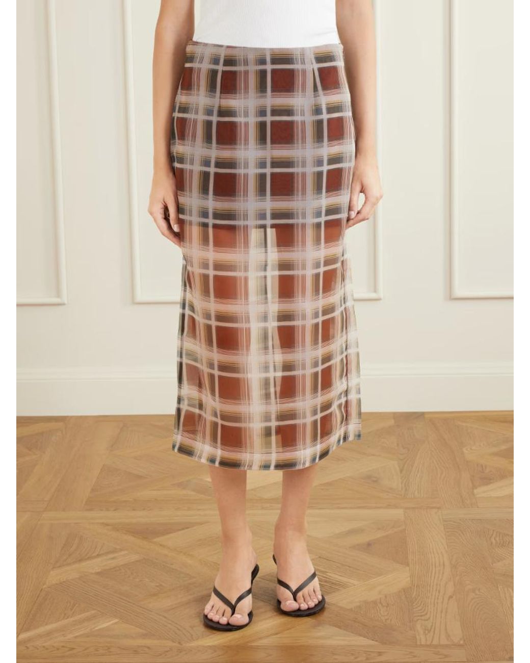 FRAME Natural Checked Silk-Organza Midi Skirt