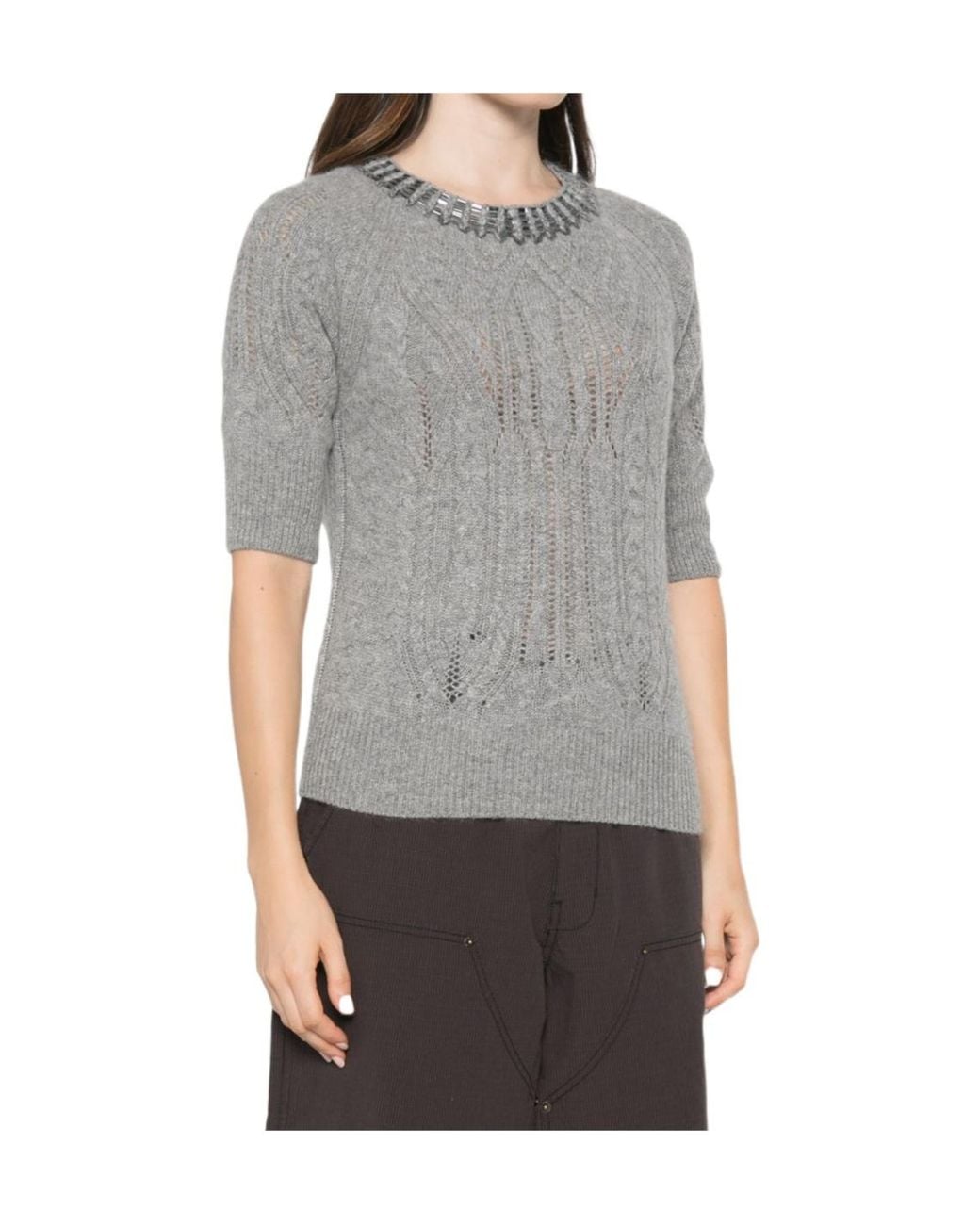 Ermanno Scervino Gray Crystal-Embellished Cable-Knit Cashmere Sweater