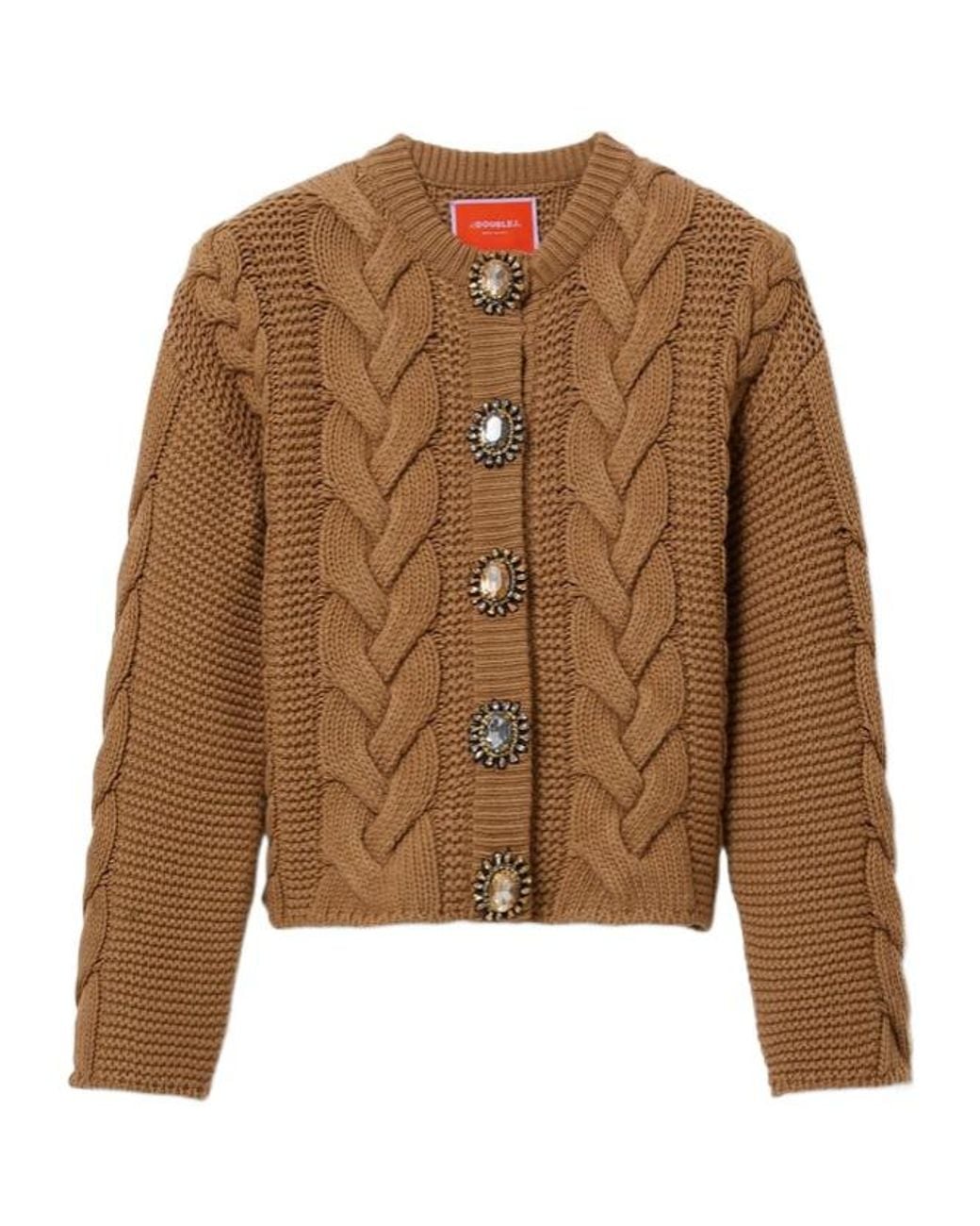 LaDoubleJ Brown Chunky Wool And Viscose And Cashmere Blend Cable Knit Cardigan With Jewel Buttons
