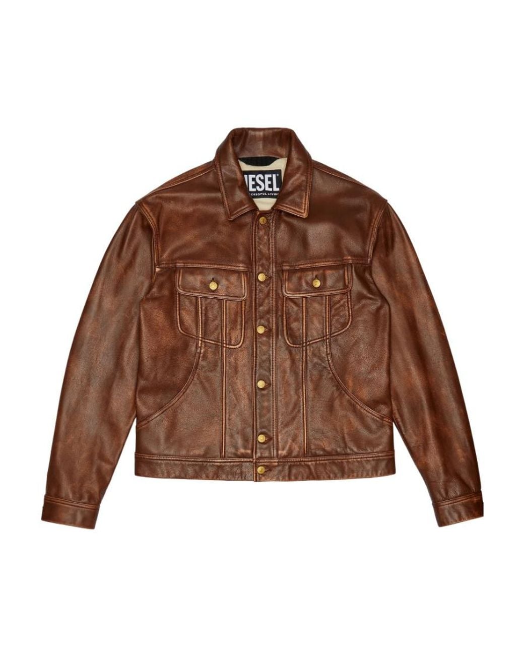 DIESEL Brown Distressed Leather Jacket for men