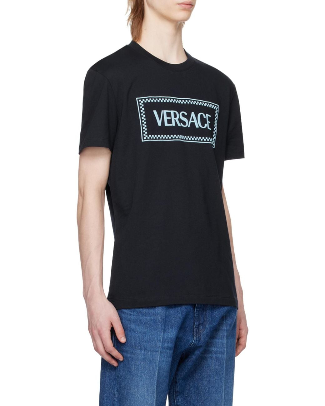 Versace Blue Logo Printed Crewneck T-Shirt for men