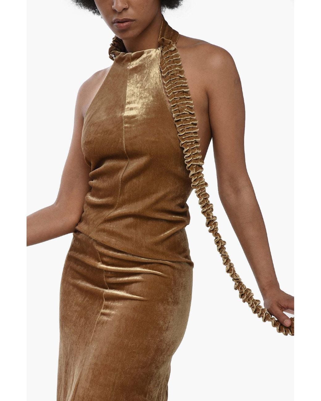 Off-White c/o Virgil Abloh Brown Ruffled Velour Maxi Dress
