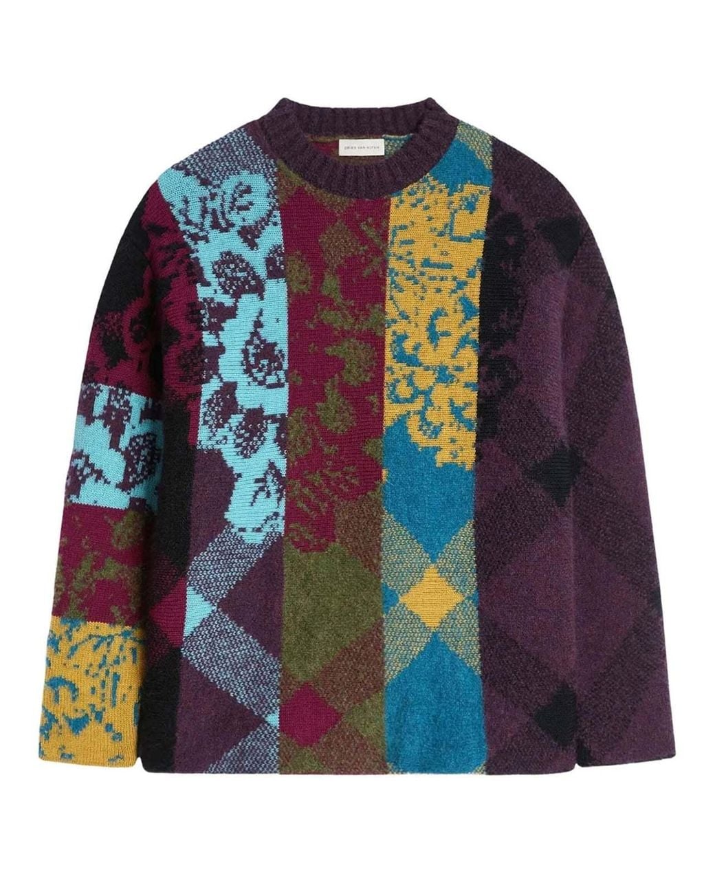 Dries Van Noten Blue Wool Alpaca Oversized Patchwork Floral Striped Jumper for men