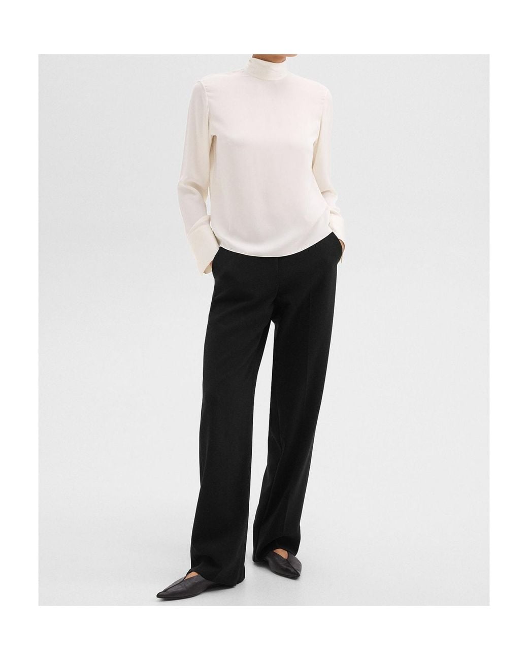 Theory White Tie-Neck Relaxed Long-Sleeved Top