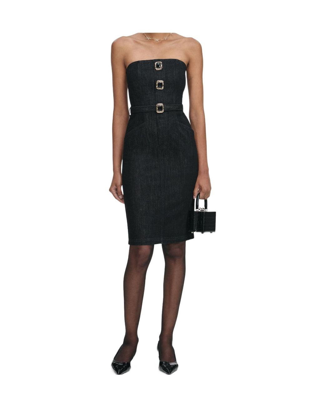 Self-Portrait Black Buckle-Detail Strapless Midi Dress
