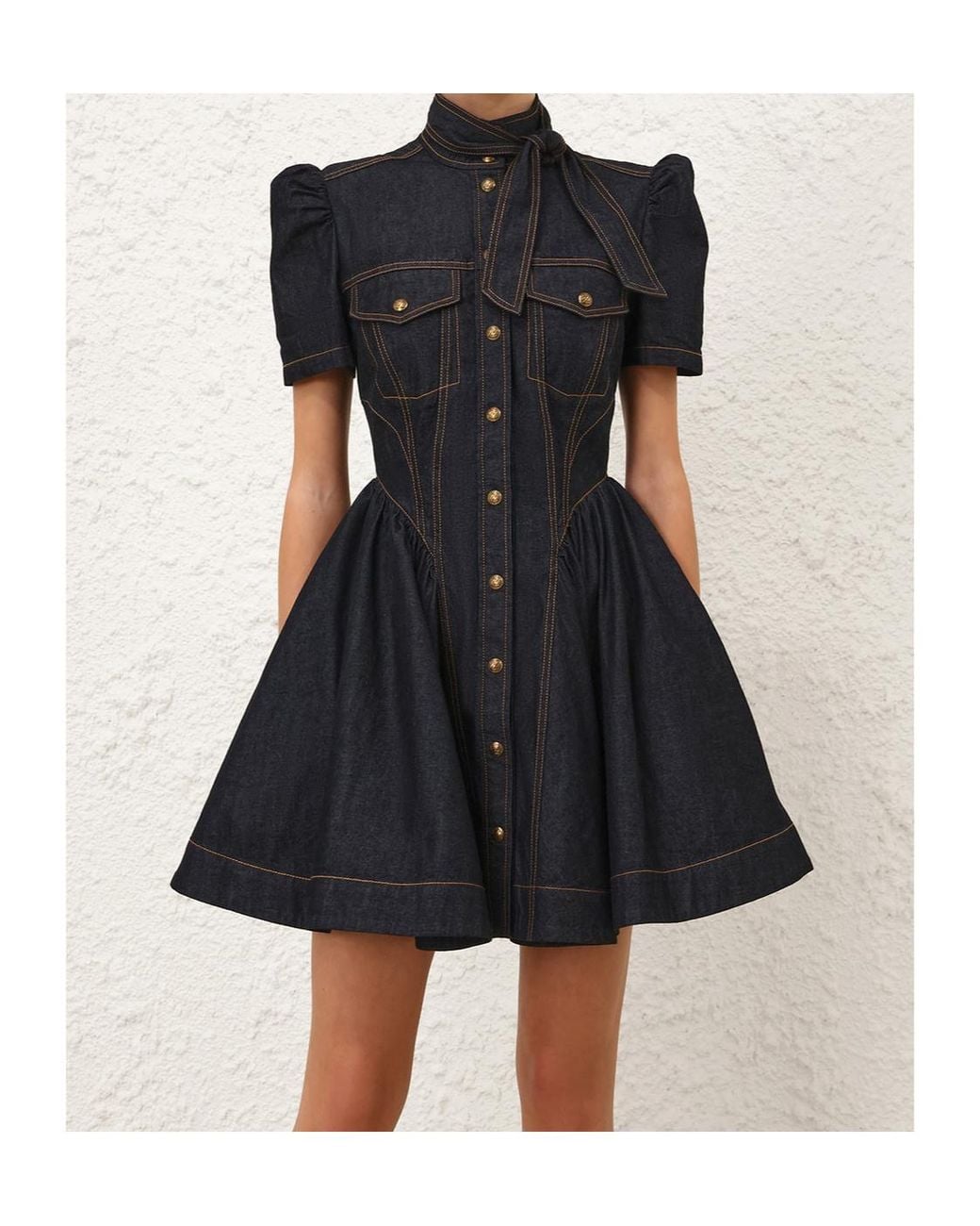 Zimmermann Black Topstitch Belted Shirt Dress