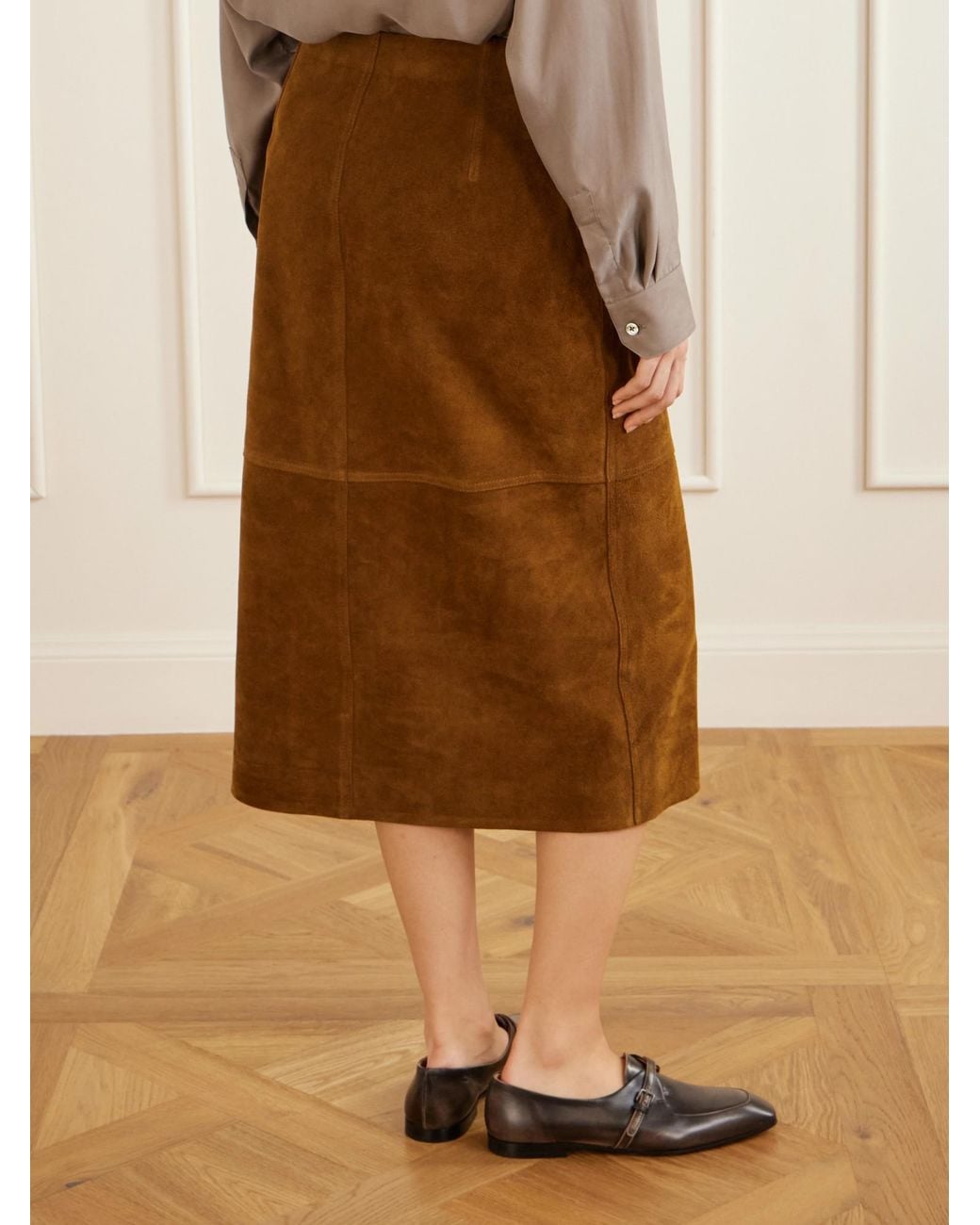 Studio Nicholson Brown Suede Midi Skirt