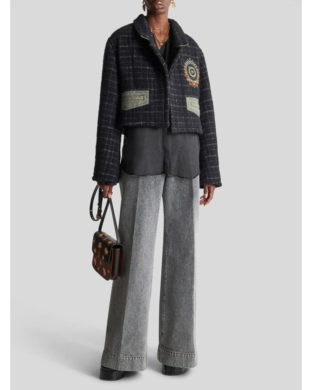 Etro Black Floral Embroidered Checked Coat