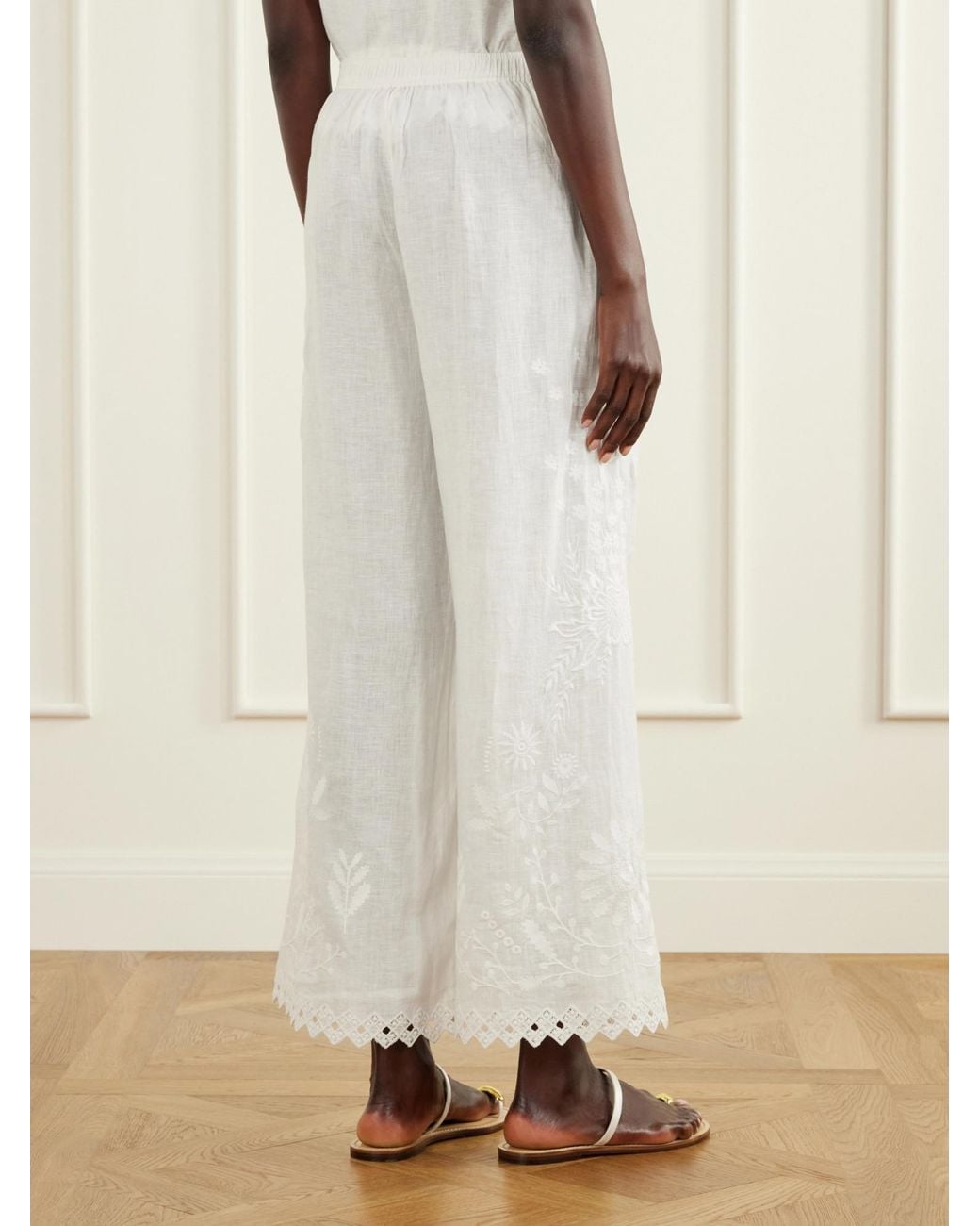 Eres White Embroidered Linen Straight-Leg Pants