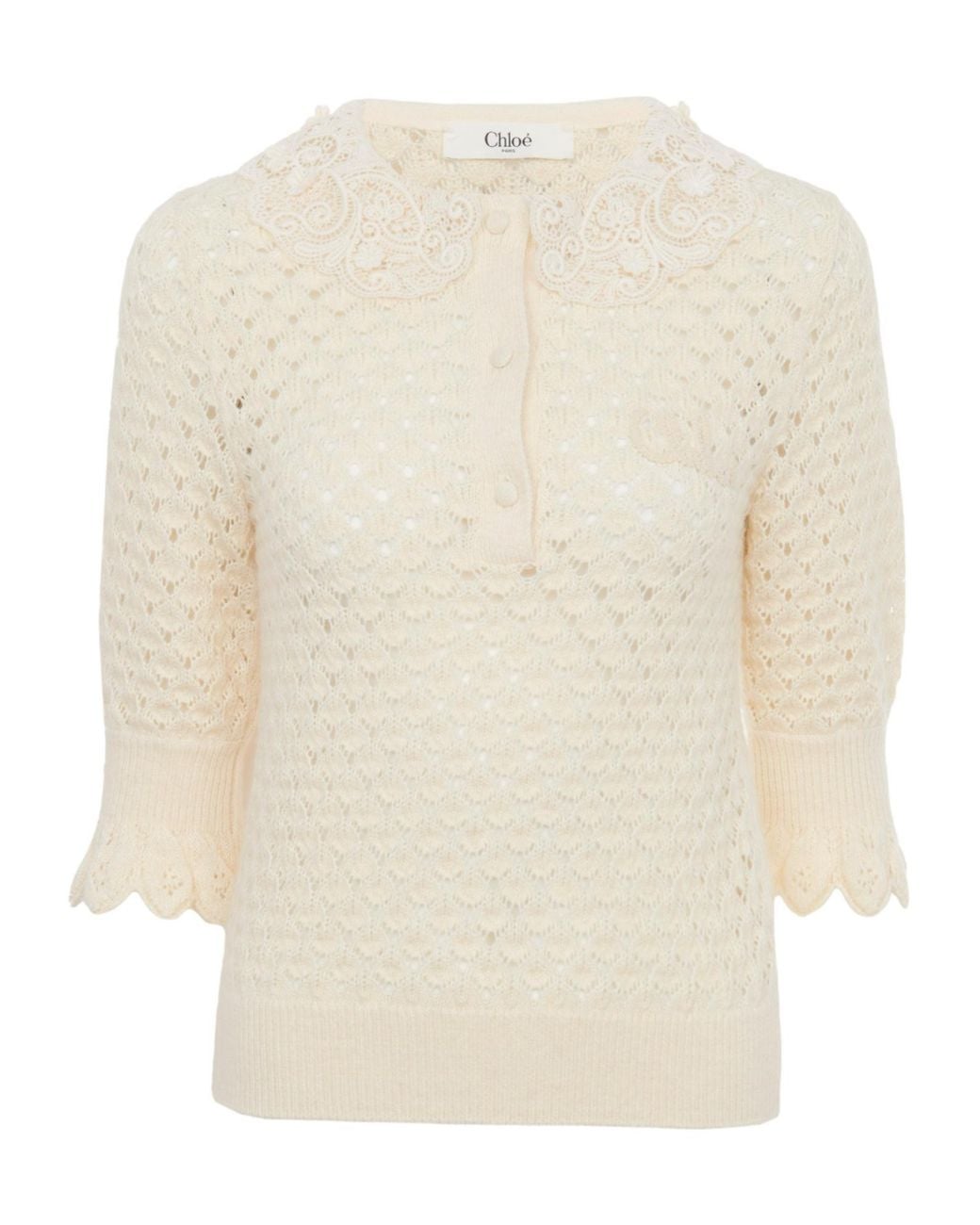 Chloé White Chloé Lace Trimmed Knitted Polo Shirt