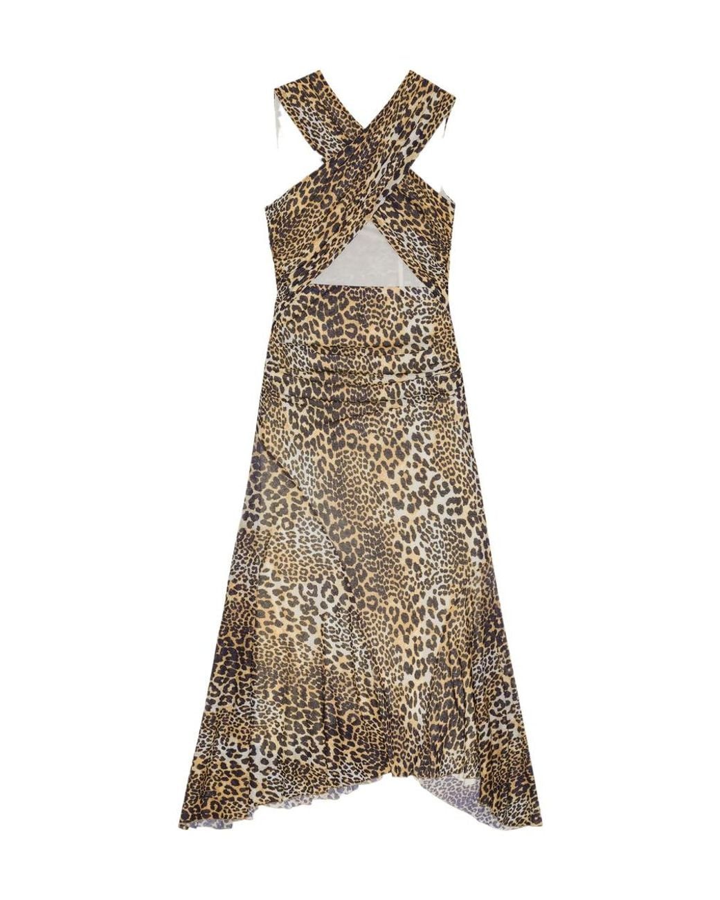 Ganni Natural Leopard Ruched V-Neck Dress