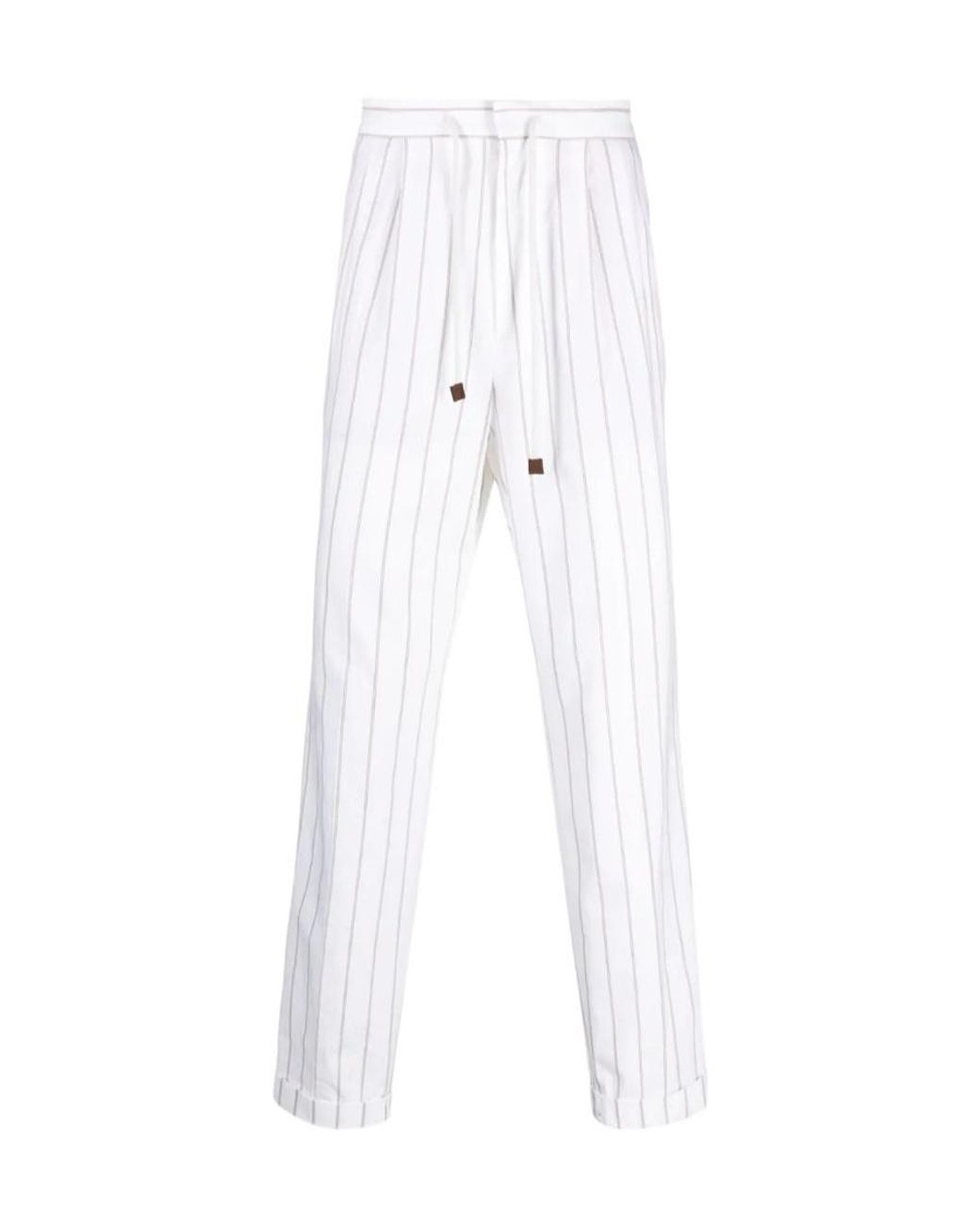 Brunello Cucinelli White Striped Drawstring Cotton Trousers for men